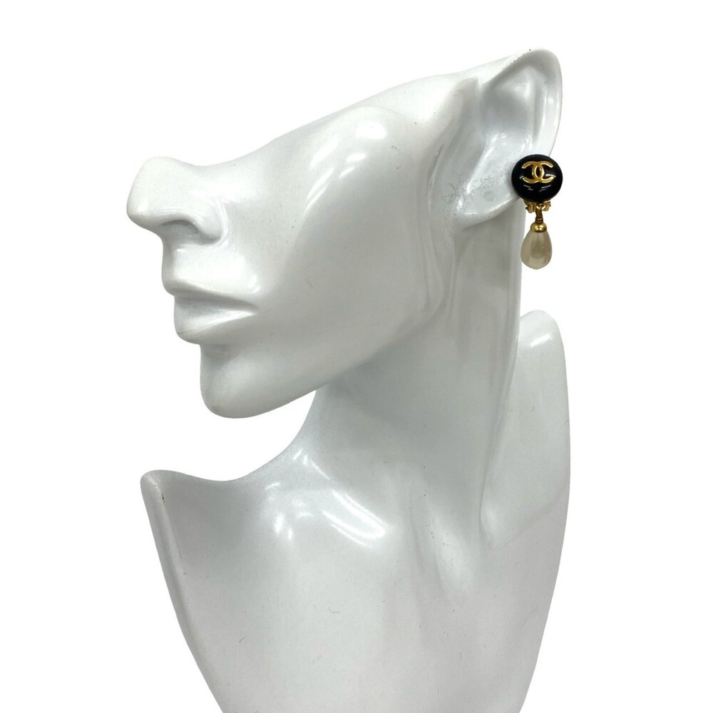CHANEL Authentic Vintage Black Pearl Logo Earrings